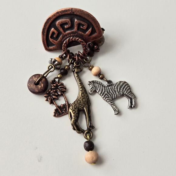African Wildlife Safari Giraffe Zebra Palm Tree Bronze Dangle Post Earrings - Picture 2 of 5